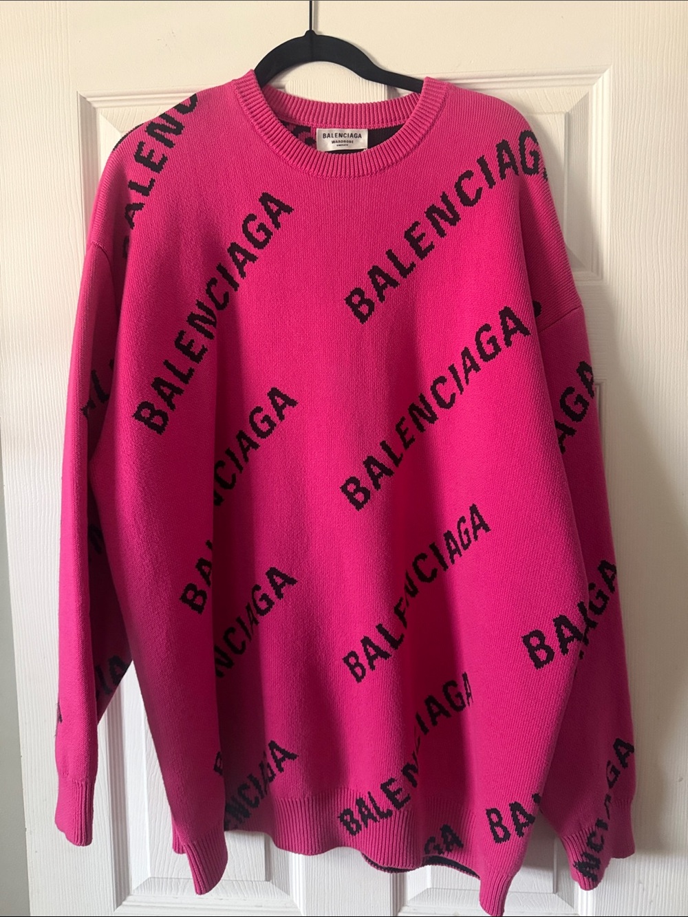 Balenciaga Hot Pink All-Over Logo Knit Pullover